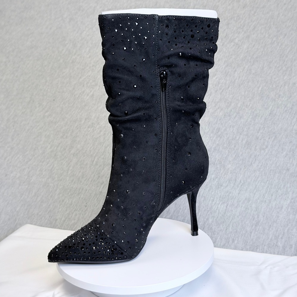 Thalia Sodi Raquell Black Rhinestone Slouchy Stiletto Mid Calf Boots Womens 7M